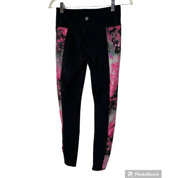 Athleta Leggings in Black with Side Panels of Pink Floral Print Size Small - Picture 3 of 6